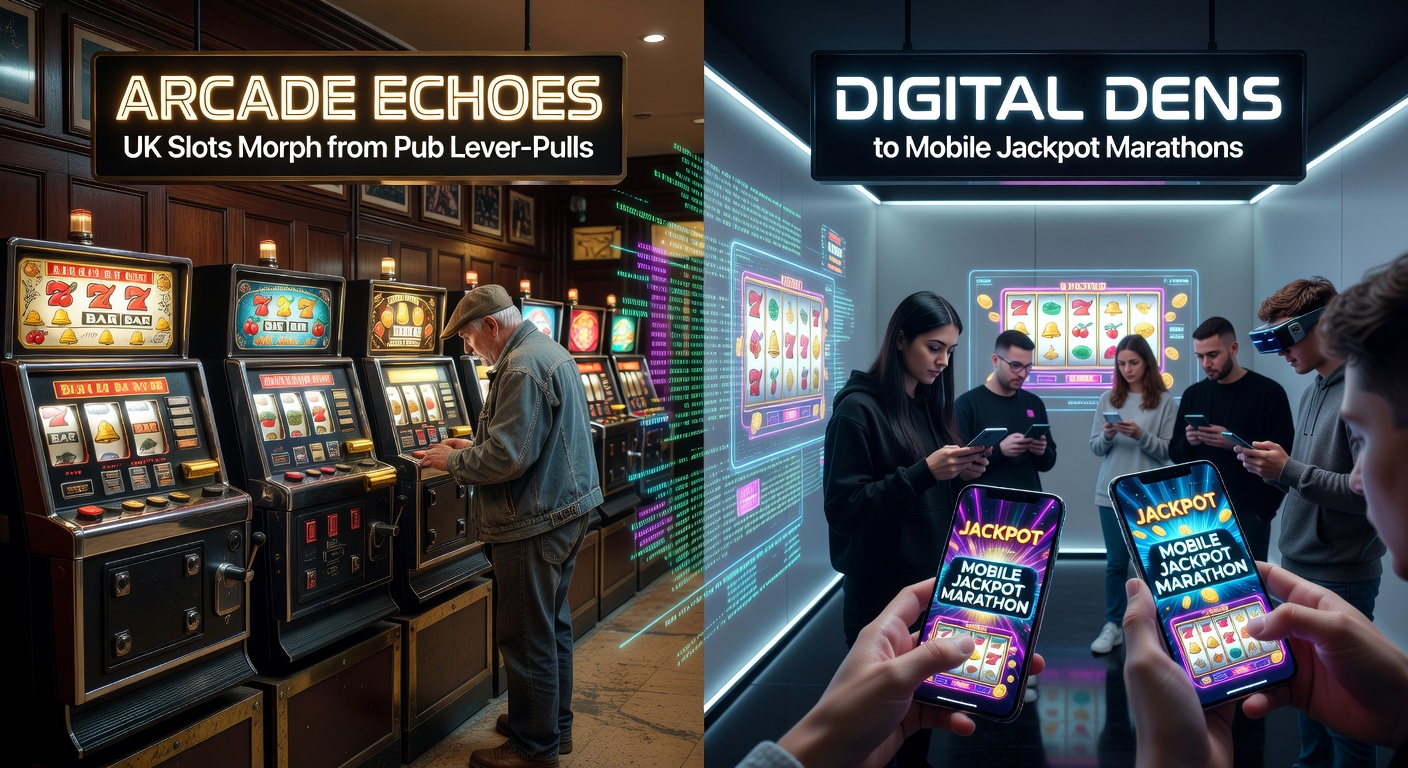 Vintage UK pub fruit machine with colorful reels and lever, evoking nostalgic arcade vibes amid pints and chatter