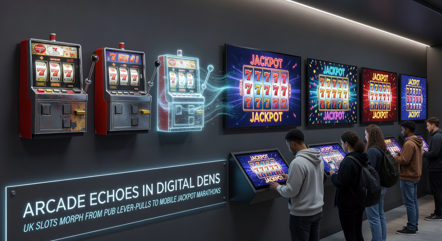 Modern smartphone displaying vibrant mobile slot game with jackpot counters ticking up, set against a blurred urban UK backdrop