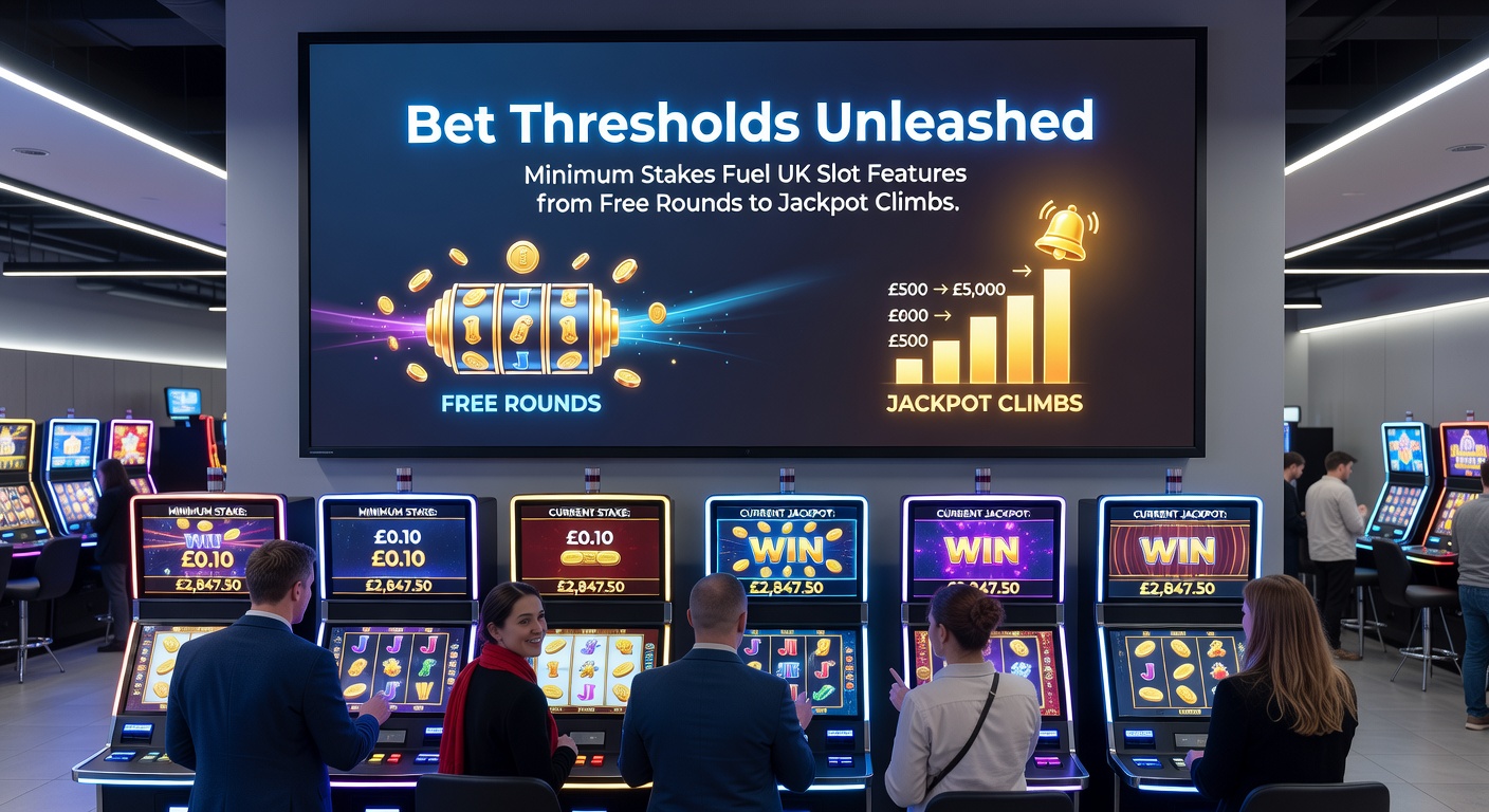 Close-up of a UK slot screen showing a minimum 10p bet activating a free spin bonus round, with jackpot climb meter filling in the background