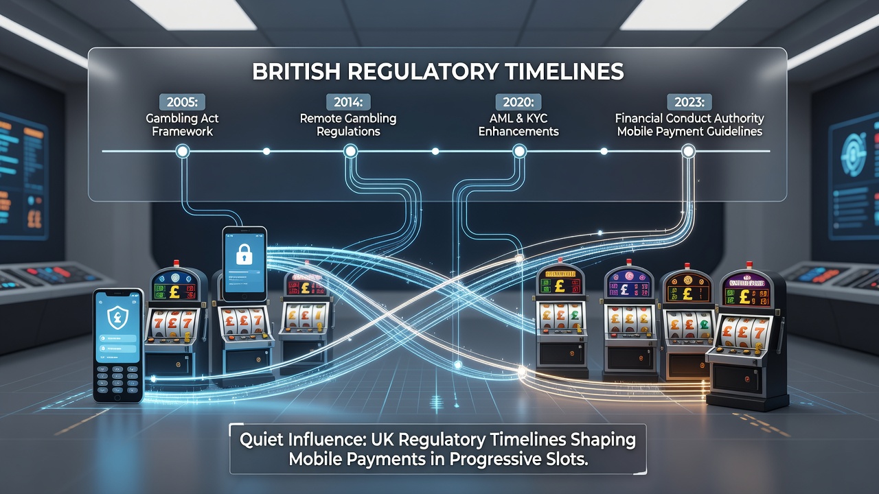 British regulatory documents and timelines overlaid on mobile slot interfaces showing payment flows