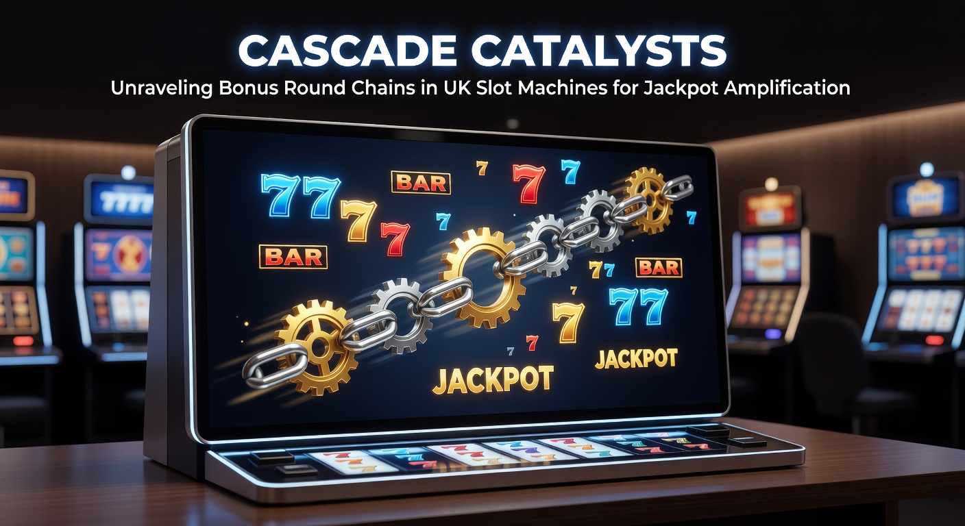 Vibrant cascading reels exploding with symbols in a high-stakes UK slot bonus round, chains linking toward a glowing jackpot meter