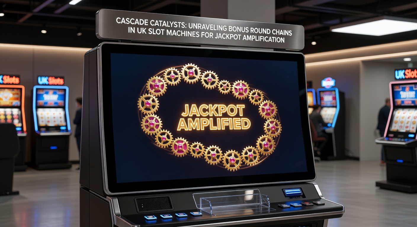 Close-up of bonus round chain activation in a UK progressive slot, with multipliers stacking amid cascading symbols and jackpot tiers lighting up