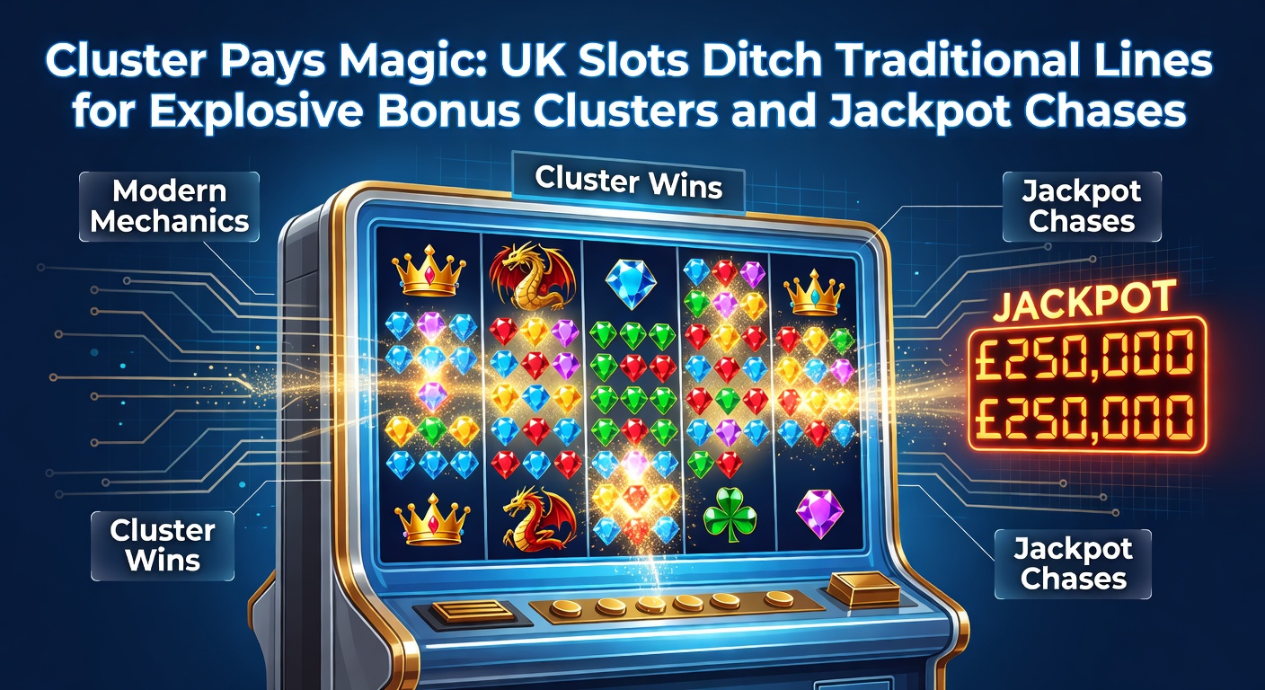 Vibrant cluster pays slot screen displaying colorful symbol clusters exploding into bonus wins on a UK casino platform