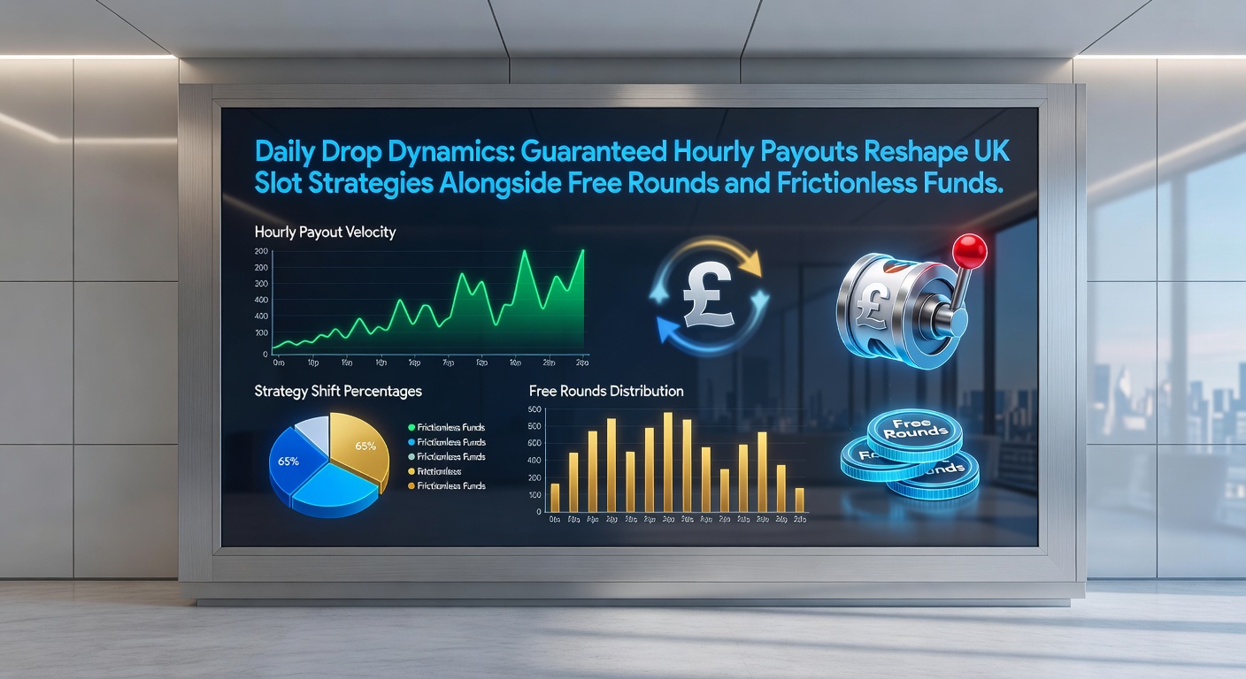 Vibrant slot machine screen displaying a ticking hourly drop timer with cascading coins and payout notifications, symbolizing guaranteed rewards in UK online casinos