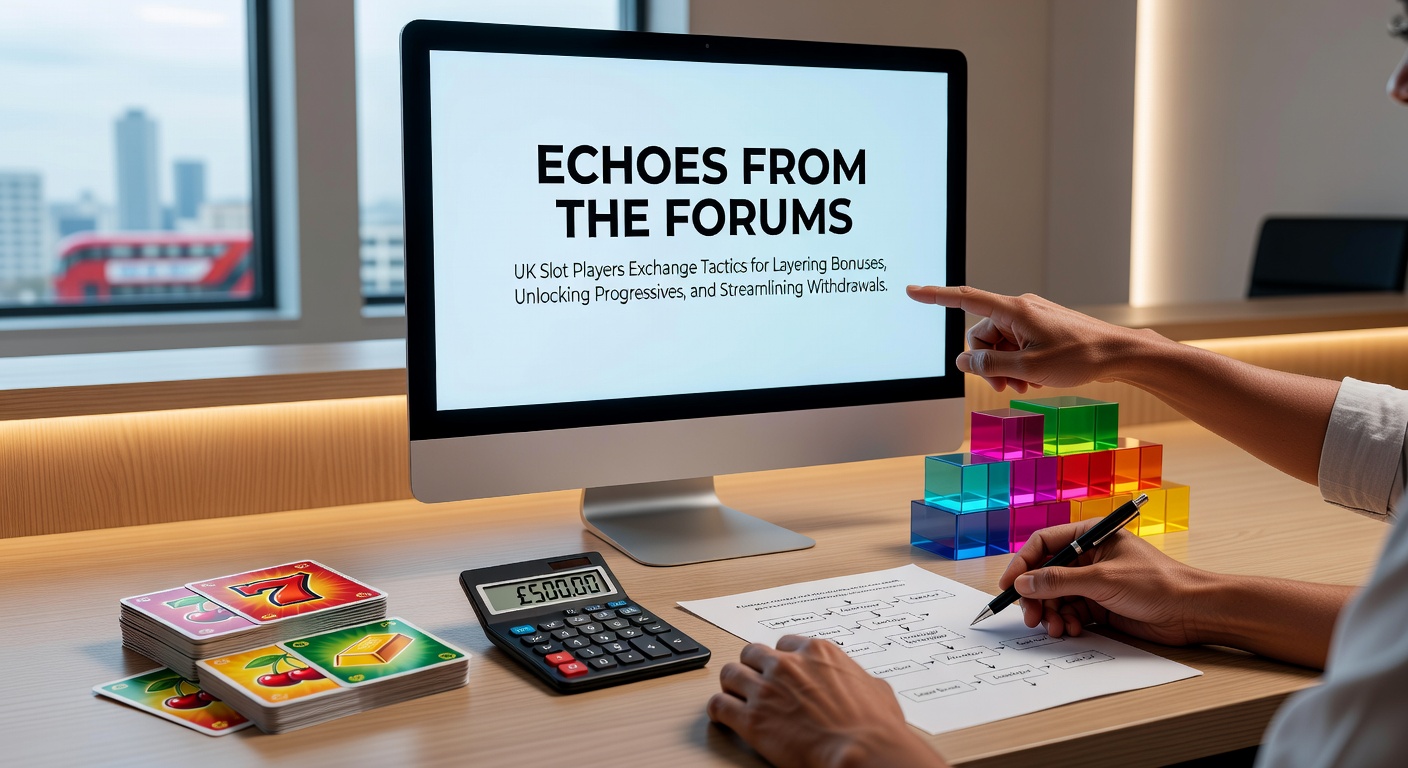 UK slot players discussing tactics on online forums, with screens showing bonus layering strategies and progressive unlocks