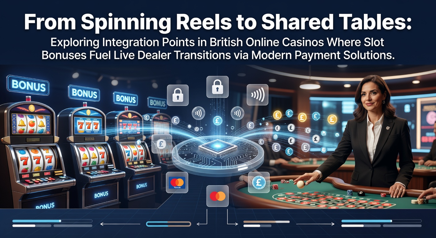 Illustration of slot reels transitioning into live dealer casino tables with payment icons connecting the two experiences