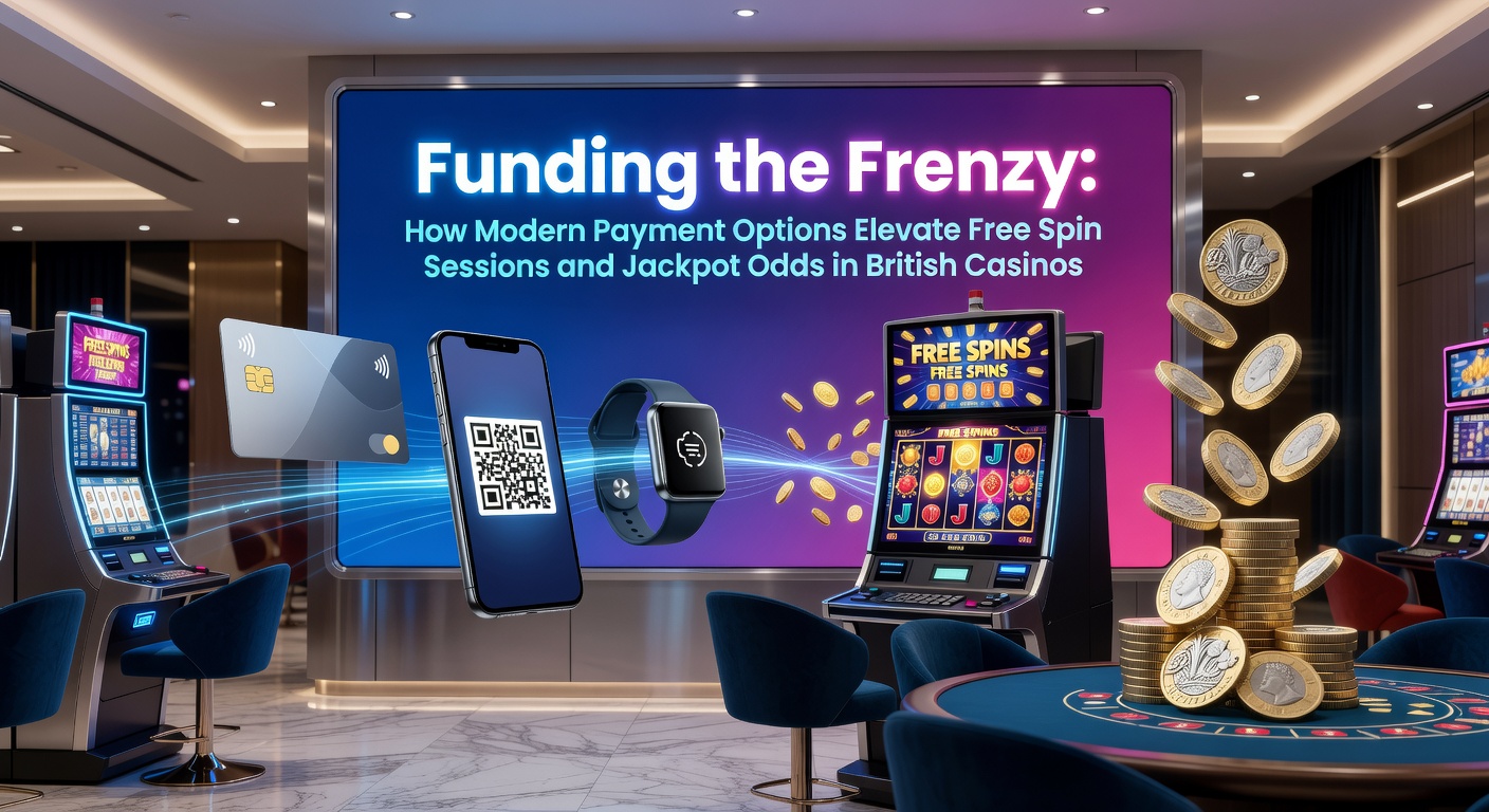 Vibrant digital wallet icons overlaying a cascade of slot reels with glowing free spin symbols and jackpot meters climbing in a modern British casino interface