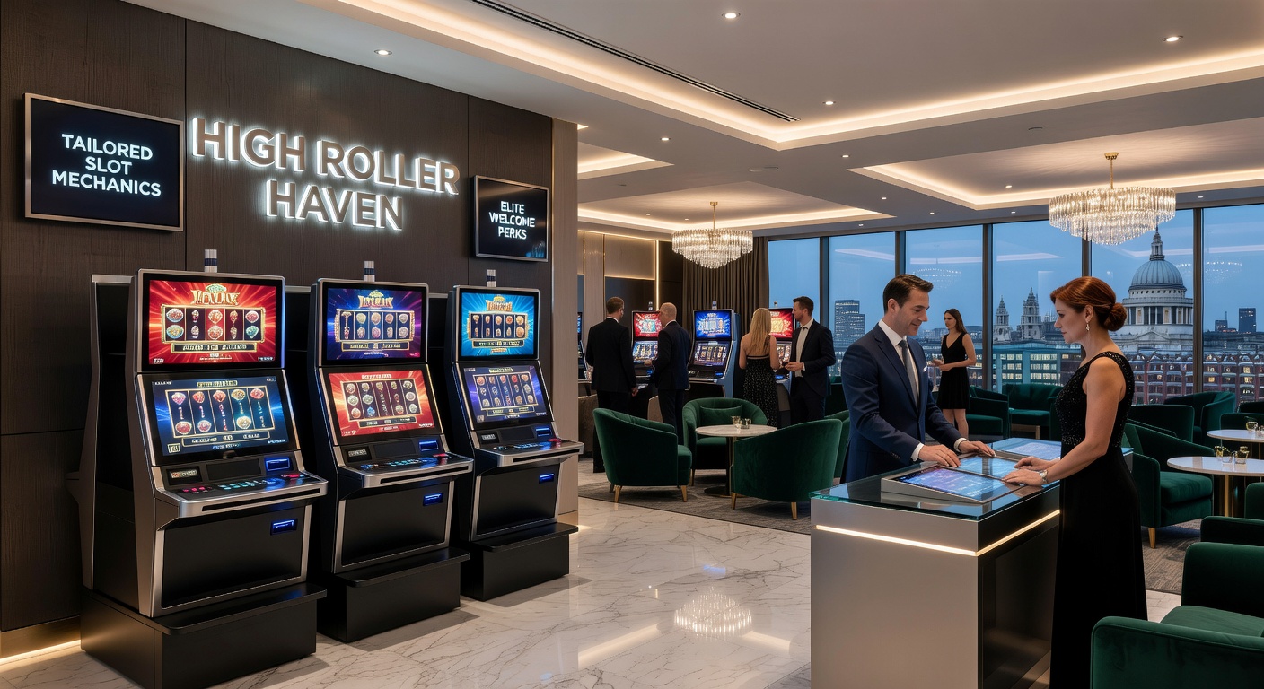 High roller at a luxurious British casino slot machine, surrounded by elite perks and swift transaction interfaces