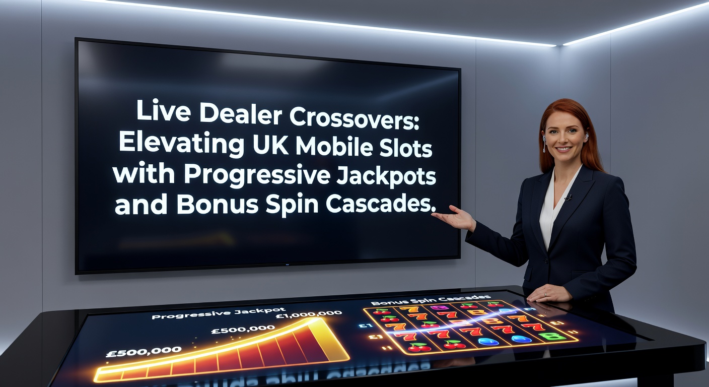 Vibrant mobile screen displaying a live dealer hosting a crossover slot game with cascading reels and jackpot meters ticking upward