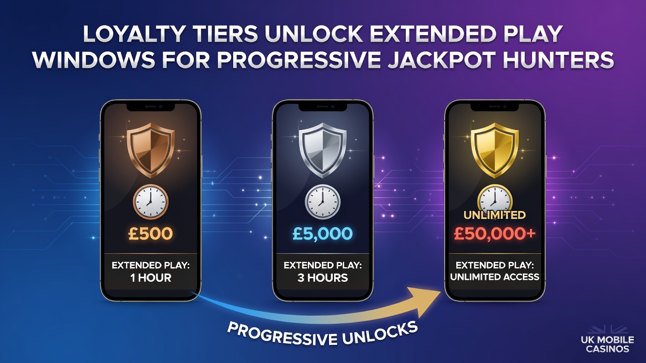 UK mobile casino loyalty tiers displayed on smartphone screen with progressive jackpot progress bars