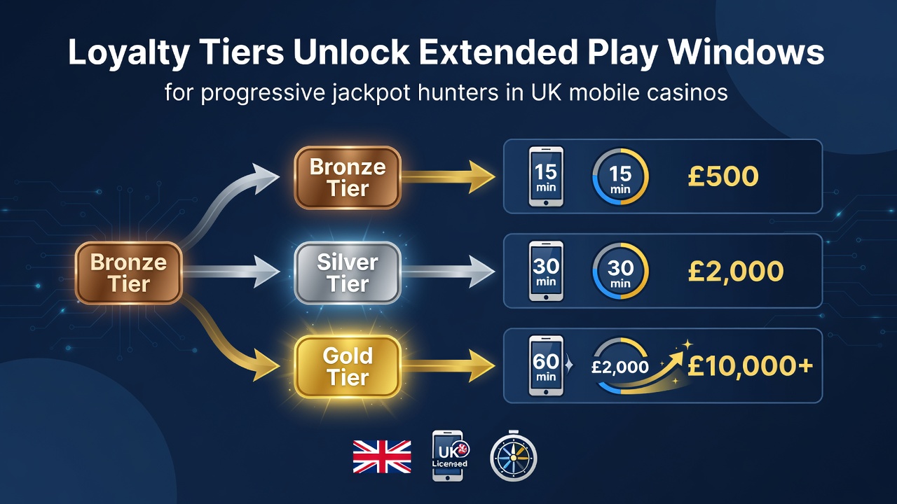 Infographic showing loyalty tier progression and extended play time benefits for jackpot slots on mobile