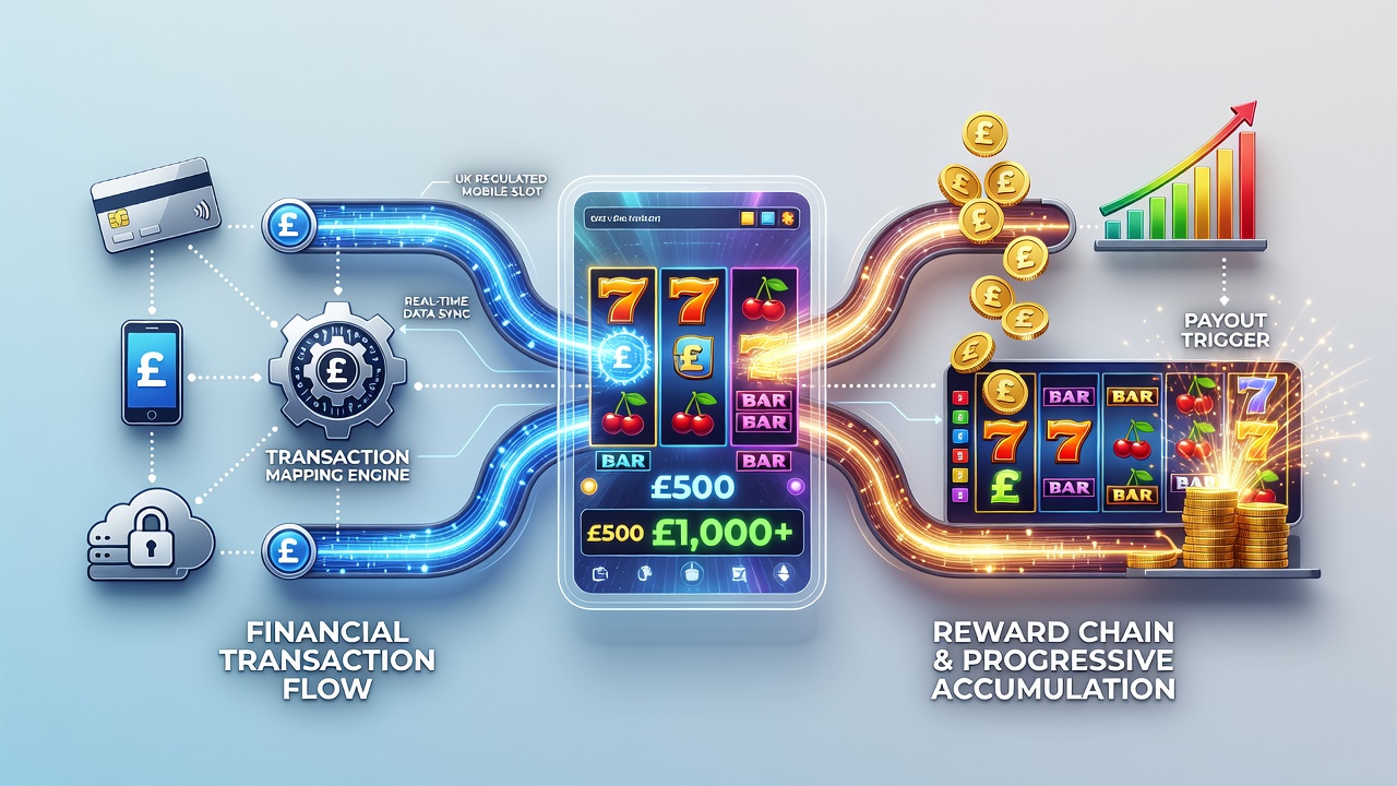 Flowchart illustrating transaction mapping to bonus and jackpot rewards in mobile slots