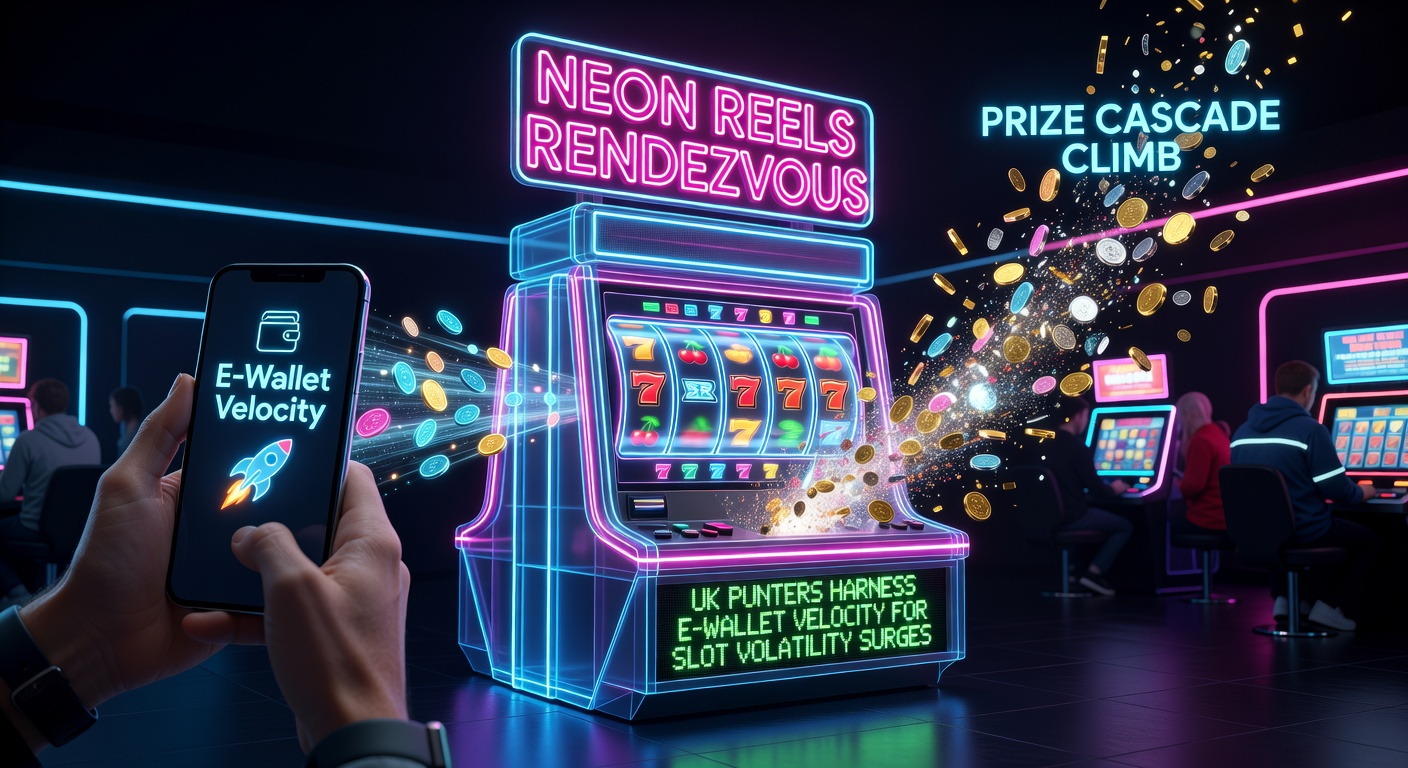 Vibrant neon-lit slot reels cascading symbols in a high-volatility game, with e-wallet icons speeding deposits on a UK player's screen