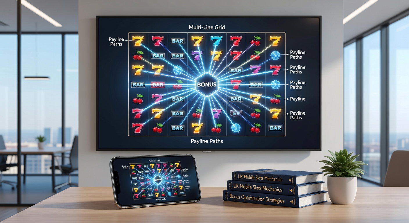 Close-up of a smartphone screen in a player's hand, displaying a UK mobile slot with 243 illuminated paylines forming intricate patterns, bonus meter filling up, and payout table visible
