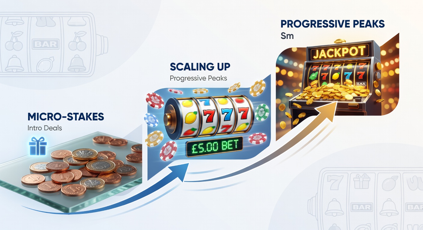 Dynamic graphic showing a progression ladder from penny slot bets climbing to glowing progressive jackpot meters, with icons for bonus credits and instant deposit arrows