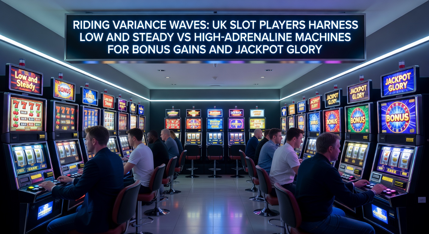 UK slot player at a machine, screen showing steady wins on a low-variance game transitioning to a high-stakes jackpot chase