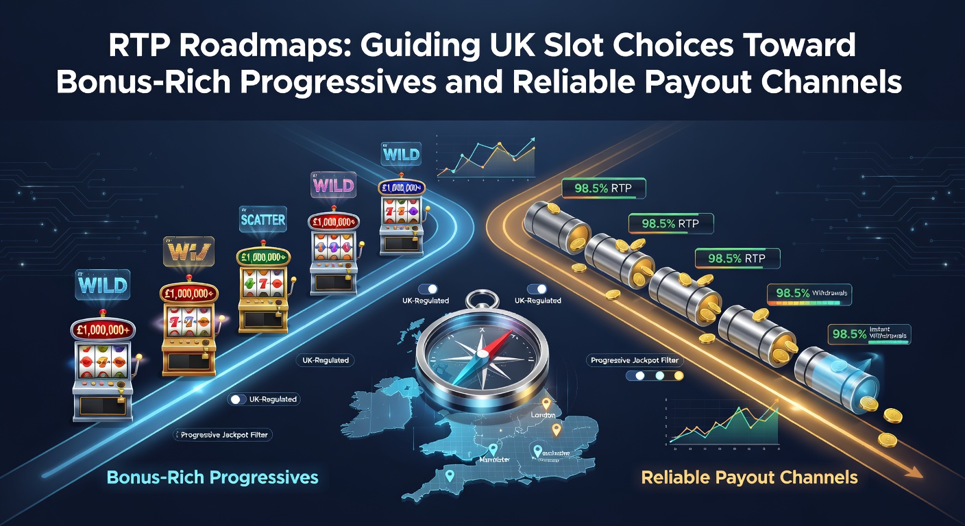 Dynamic illustration of a winding RTP roadmap leading through slot reels toward glowing progressive jackpots and secure payout icons