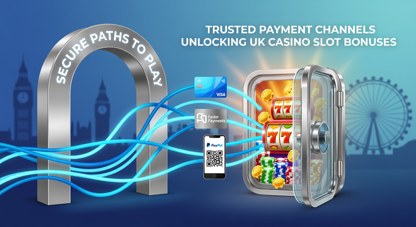 Digital icons of padlocks, credit cards, and e-wallets securing pathways to colorful slot reels and bonus symbols in a UK casino interface