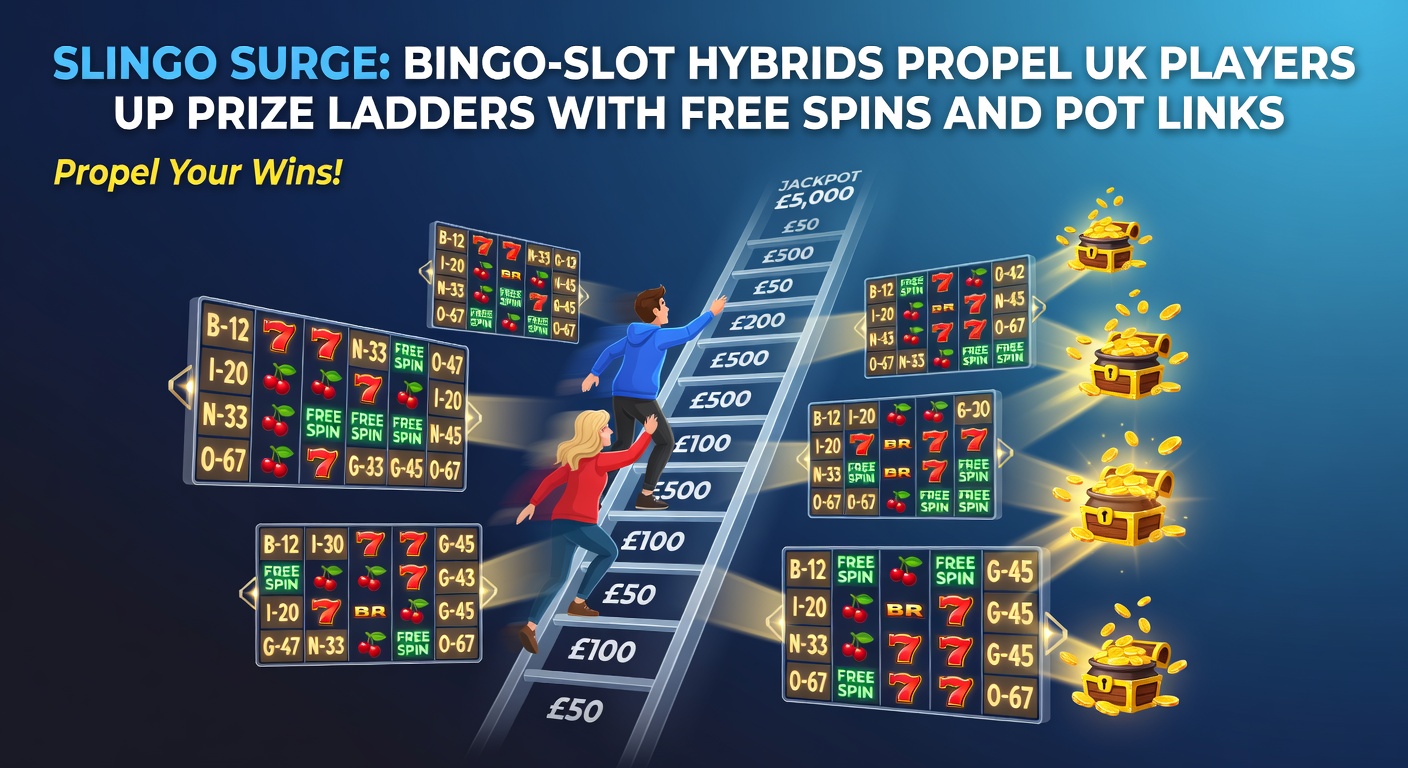 Vibrant Slingo game screen displaying a 5x5 bingo grid beneath spinning slot reels, with colorful jokers and a glowing prize ladder on the side