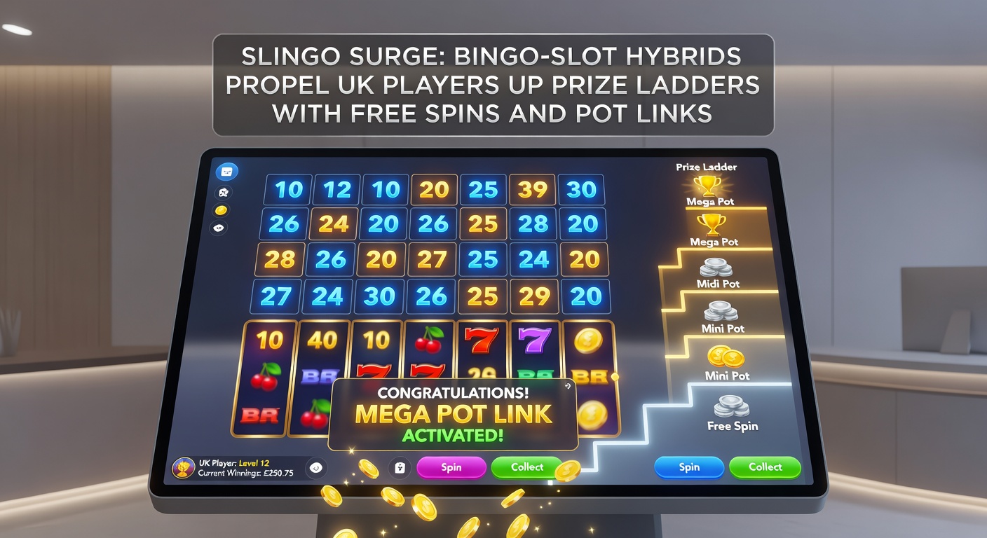 Dynamic prize ladder graphic in a Slingo game, showing rungs with escalating cash values, free spin icons, and a linked pot meter ticking upward amid bingo lines and slot symbols