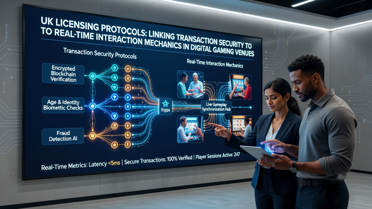 Digital gaming venue interface showing secure transaction flows and real-time player interactions