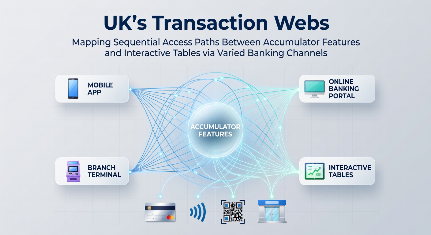 Diagram illustrating sequential transaction paths connecting accumulator features to interactive tables across UK banking channels