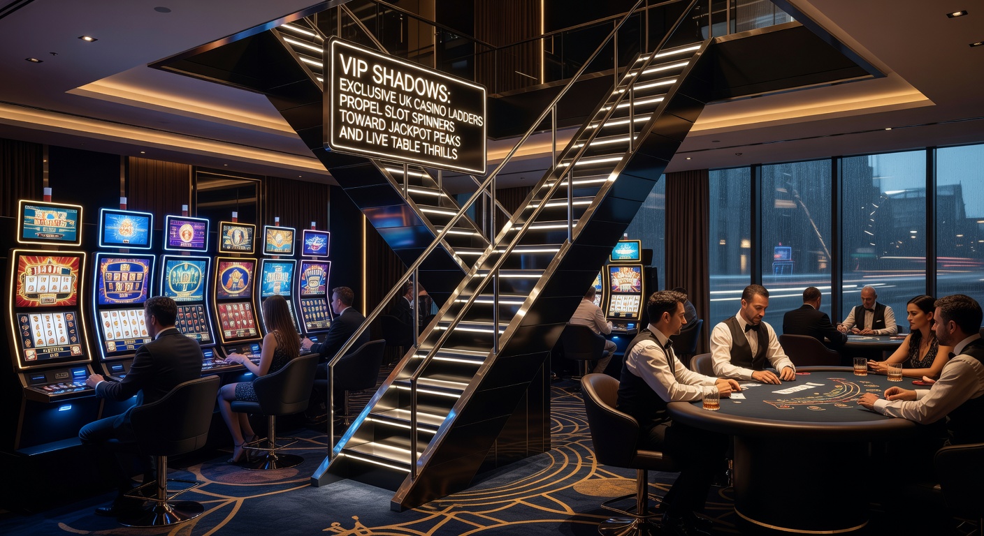 Vibrant display of a VIP casino ladder with glowing tiers leading from slot reels to jackpot symbols and live dealer tables