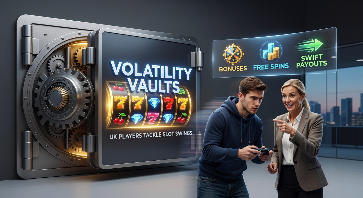 UK slot players navigating volatility charts with bonus icons and payout speedometers, illustrating risk management in online gaming